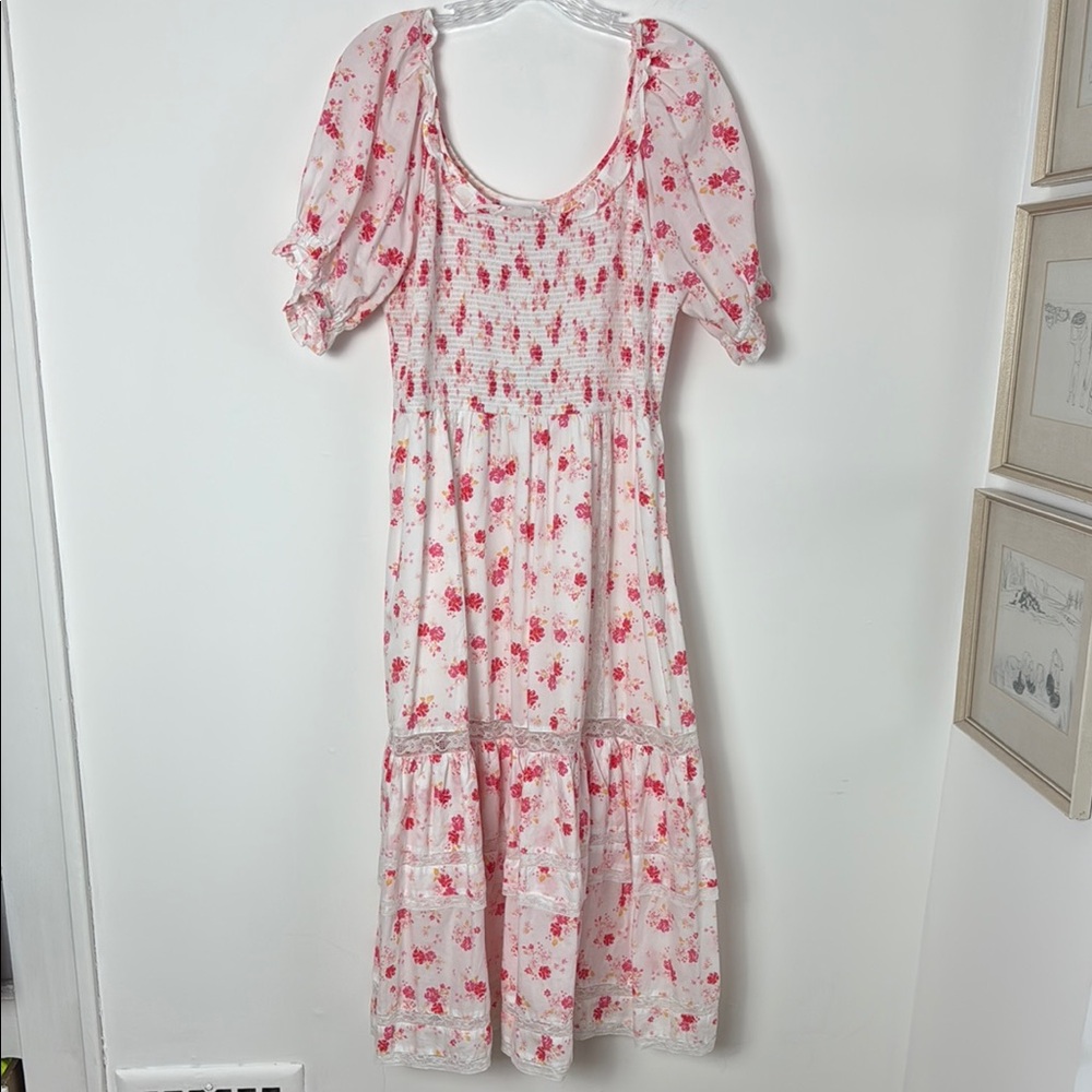 LoveShackFancy White and Pink Smocked Midi Sundress